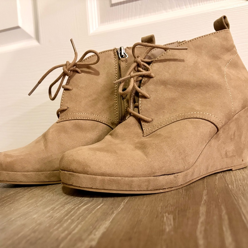 Tan Suede Wedge Ankle Boots
